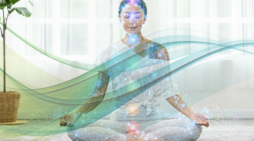 Woman meditating in living room with network of energy appearing around her